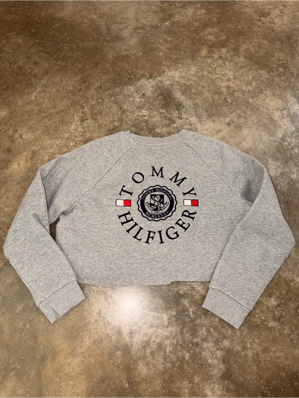 Tommy Hilfiger Gray Cropped Sweatshirt M Raw Hem Flocked Logo Crest Varsity